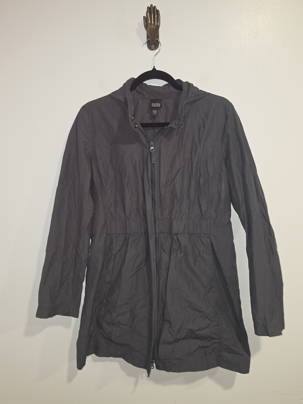 Eileen Fisher Charcoal Gray Hooded Lightweight Anorak Jacket Cotton Nylon SZ Med